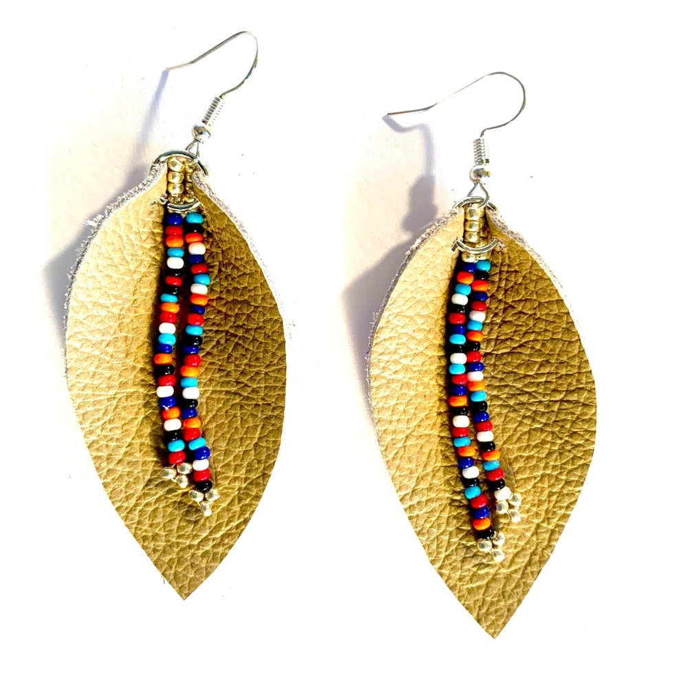 Hand-Beaded Tan Petal Leather Earrings, 3"
